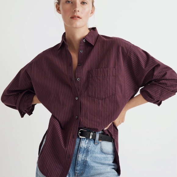 Madewell Poplin Side-Panel Dolman Button-Up Shirt in Stripe - Picture 1 of 10